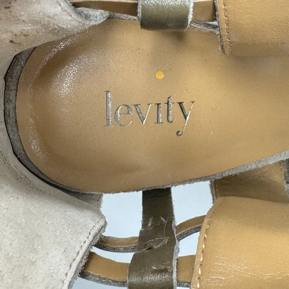Levity Gladie Strappy Leather Stacked‎ Heel Taupe Gladiator Tan Ankle Mule 8